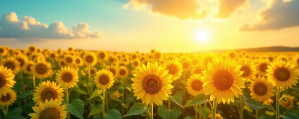 Obraz premium A vibrant yellow sun shining brightly on a field of sunflowers, creating a cheerful and energetic atmosphere Perfect for themes of happiness, optimism, and summer , cheerful, horizon, landscape