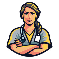 Confident Nurse Illustration with Folded Arms Stethoscope and Professional Attire