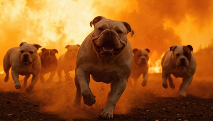 Pack of aggressive bulldogs runs through burning field at sunset. Intense orange flames, smoke create dramatic, fiery atmosphere. Dogs move with determination, speed, silhouettes backlit by warm,