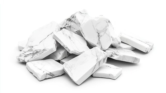 Pile of White Marble Shattered Tablets Isolated on white background with clipping path, isolated on white background
