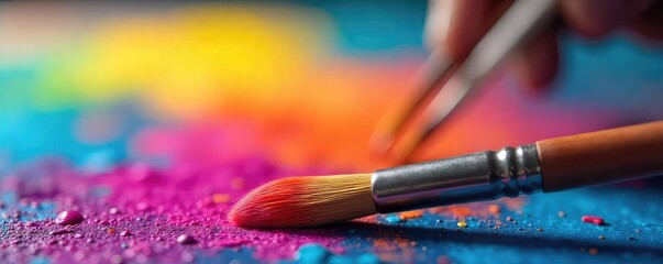 Fototapeta premium Artists Hand with Paintbrush Over Vibrant Canvas, Creative Process, Inspiration, Ambition, Dreams
