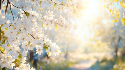 Spring Blossom: A sun-kissed panorama captures the delicate beauty of springtime. Fragrant, pristine blossoms burst forth, kissed by the sun's golden embrace. It's an embodiment of renewal, serenity.
