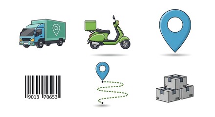 Delivery Services Icon Set: Truck, Scooter, Location Pin, Barcode, Route, Packages - Vector Illustration