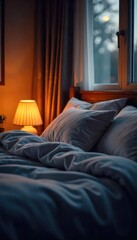 Tranquil Nighttime Bedroom Soft Lighting, Plush Bedding, Cozy Atmosphere, Perfect for Relaxation and Sleep