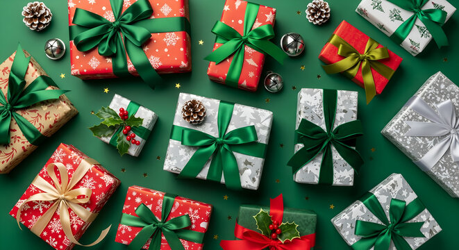 Festive Flatlay: Christmas Gifts on Green Background