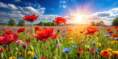 Fototapeta premium Colorful wildflower mix with vibrant red poppies in a field on a sunny day