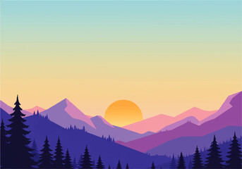 Obraz premium A stylized illustration of a mountain range at sunset with silhouetted trees in the foreground and a gradient sky.