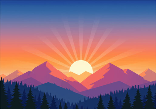 Colorful sunrise over a mountain range with dense forest.