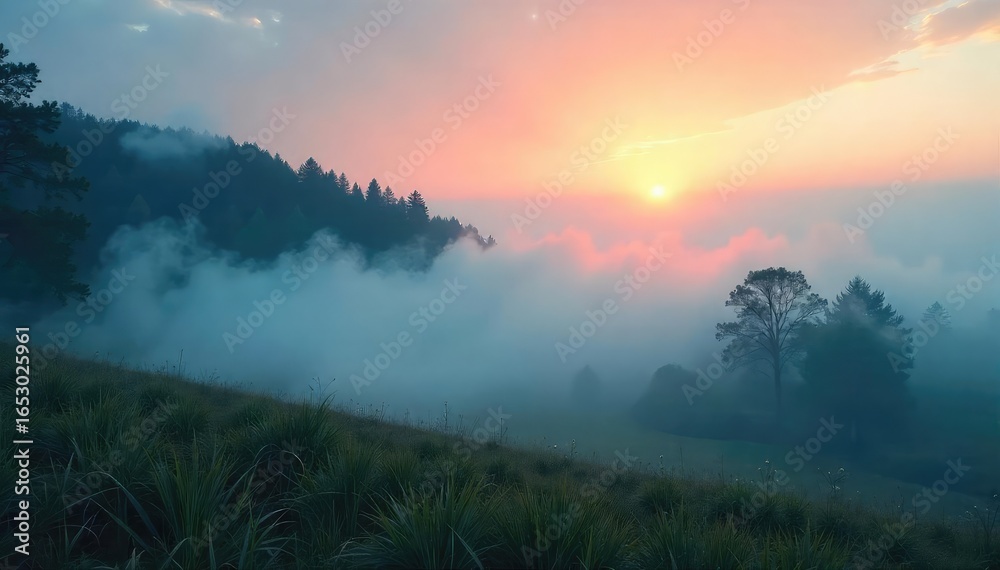 Sticker mysterious and ethereal fog rolling over a tranquil landscape at dawn, creating a mystical and seren