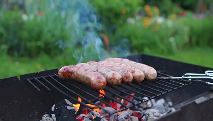 Grilled sausages on a barbecue in a garden