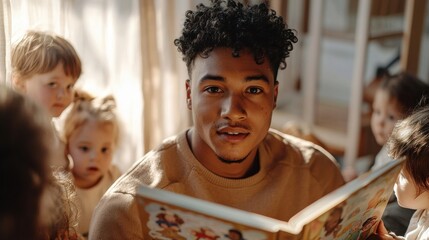 Male childcare worker with curly black hair leading story time activity, reading picture book to attentive children in nursery