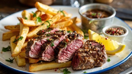 Bistro steak frites with sliced medium-rare beef, golden french fries, peppercorn sauce and lemon wedges on white enamel plate