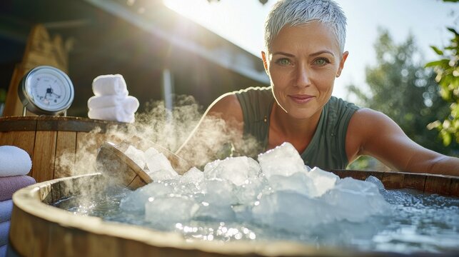Therapy materials woman preparing ice bath wooden cold therapy tub steam visible outdoor wellness setup natural sunlight stress reduction recovery station summer cooling session