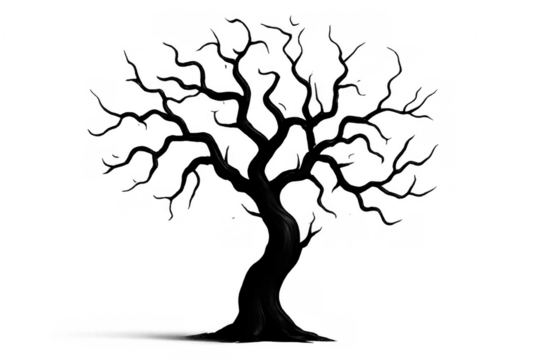 Creepy bare tree with twisted trunk standing on transparent background - Powered by Adobe