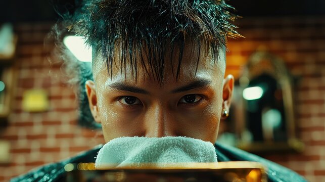 Professional barber visit young Asian man receiving hot towel treatment modern barbershop grooming service authentic masculine care experience