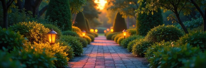 Obraz premium Warm evening glow illuminates a lush garden path, creating a magical outdoor ambiance Perfect for landscaping, home decor, and relaxation themes , nature, illumination, peaceful