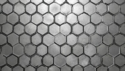 Naklejka premium Seamless metallic grey hexagon pattern with textured surface, pronounced geometric lines. Three-dimensional structure resembles honeycomb, perfect for technology, business, modern wallpaper