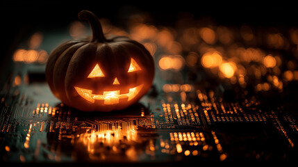 A halloween pumpkin sits on a glowing computer circuit board , Cybersecurity Halloween Jack-o-lantern