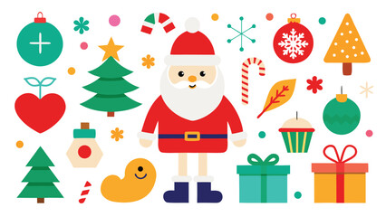 Fototapeta premium Festive Christmas Holiday Flat Vector Illustration with Santa and Decorations