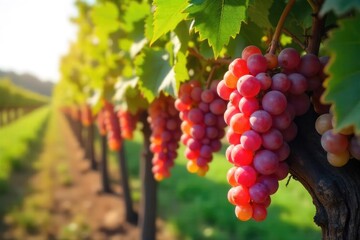Sun-drenched rows of ripening grapes hanging heavy on the vine, ready for harvest at a picturesque vineyard , delicious, berries