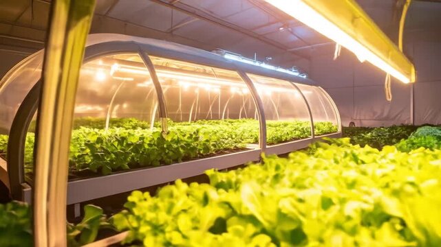 Indoor Hydroponic Farming:  Modern Greenhouse Technology Growing Lettuce Under LED Lights