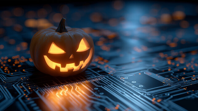 A halloween pumpkin sits on a glowing computer circuit board , Cybersecurity Halloween Jack-o-lantern