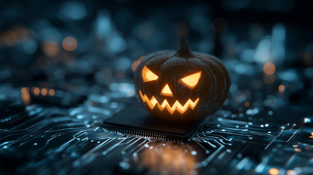 A halloween pumpkin sits on a glowing computer circuit board , Cybersecurity Halloween Jack-o-lantern - Powered by Adobe
