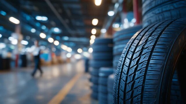 Close-up view of worn tire tread depth and wear marks in an industrial setting, highlighting safety inspections and recycling.