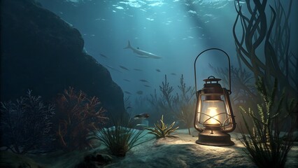 An antique oil lantern illuminates the mysterious depths of the ocean floor with faint sunlight filtering through
