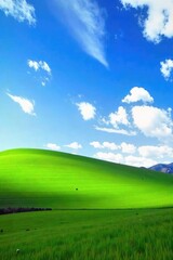 Obraz premium Rolling green hills stretch to a vibrant blue sky, dotted with fluffy white clouds A picturesque pastoral scene of tranquil beauty and natural serenity , clouds, rural