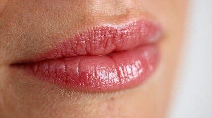 Fototapeta premium Softly Glossed Lips: A close-up photograph reveals the delicate beauty of well-hydrated lips, glistening with a subtle gloss.