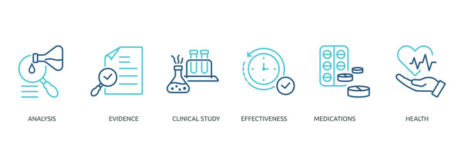 clinical research outline color banner icon of analysis, evidence, clinical study, effectiveness, medications, health