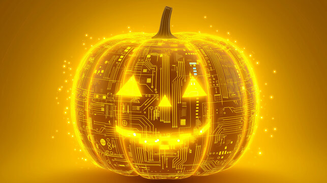A Halloween pumpkin carved with futuristic technology-inspired patterns, glowing with yellow neon lights