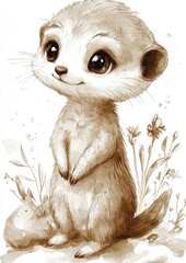 Cute cartoon meerkat character standing in a natural setting with flowers and a soft color palette.