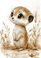 A cute illustrated meerkat standing amidst tall grass, showcasing large expressive eyes and a charming posture.