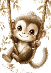 A cute monkey smiling while swinging on a rope surrounded by leaves, depicted in a whimsical style.