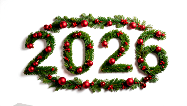 celebración de Año nuevo 2026 el número 2026 escrito con hojas de abeto verde de Navidad, cuidadosamente dispuestas para formar cada cifra. concepto fin de año. PNG
