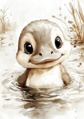 A cute duckling with big eyes smiles in a shallow water setting, surrounded by soft natural elements.