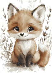 A cute illustrated fox sitting among delicate plant life with a charming expression.