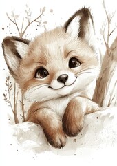 A cute, smiling fox peeks from a tree branch, surrounded by delicate foliage in soft, warm colors.