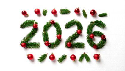 celebración de Año nuevo 2026 el número 2026 escrito con hojas de abeto verde de Navidad, cuidadosamente dispuestas para formar cada cifra. concepto fin de año. PNG