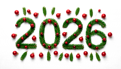 celebración de Año nuevo 2026 el número 2026 escrito con hojas de abeto verde de Navidad, cuidadosamente dispuestas para formar cada cifra. concepto fin de año. PNG