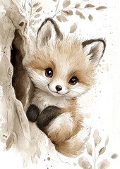 A cute cartoon fox peeks from a tree hollow with soft fur and big eyes, conveying a sense of innocence and playfulness.