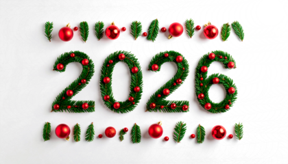 celebración de Año nuevo 2026 el número 2026 escrito con hojas de abeto verde de Navidad, cuidadosamente dispuestas para formar cada cifra. concepto fin de año. PNG