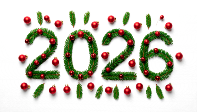 celebración de Año nuevo 2026 el número 2026 escrito con hojas de abeto verde de Navidad, cuidadosamente dispuestas para formar cada cifra. concepto fin de año. PNG