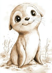A cute illustrated animal character with big eyes and a charming smile, sitting in a simple natural setting.