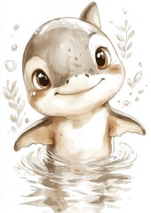 A cute cartoon dolphin smiling in shallow water, surrounded by bubbles and gentle waves.