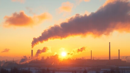 Obraz premium Smog-Shrouded Industry Silhouette: The silhouette of industrial structures, framed by the fiery kiss of the sun and polluted atmosphere.