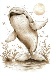 A playful whale breaching the surface with a joyful expression, surrounded by marine plants and a soft sun in the background.