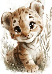 A cute cartoon leopard cub with large expressive eyes, surrounded by grass and soft, natural colors.